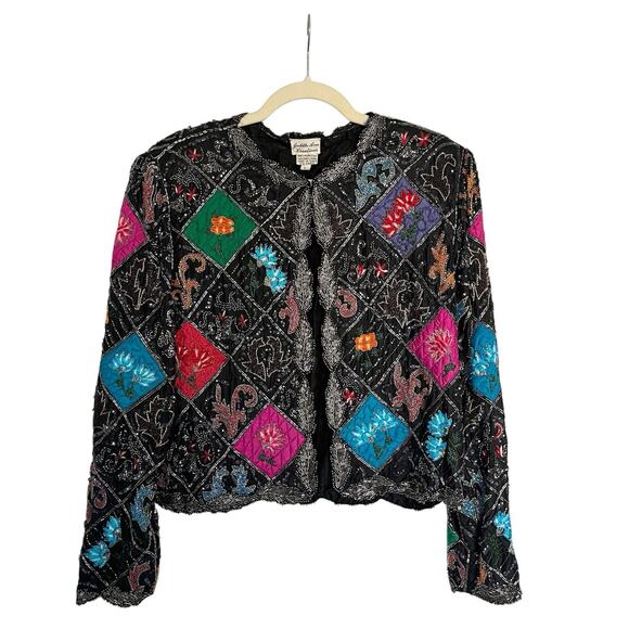 Judith Ann Vtg silk Patchwork Embroidered jacket Quilted sequin Embellished Sz L - Picture 2 of 15